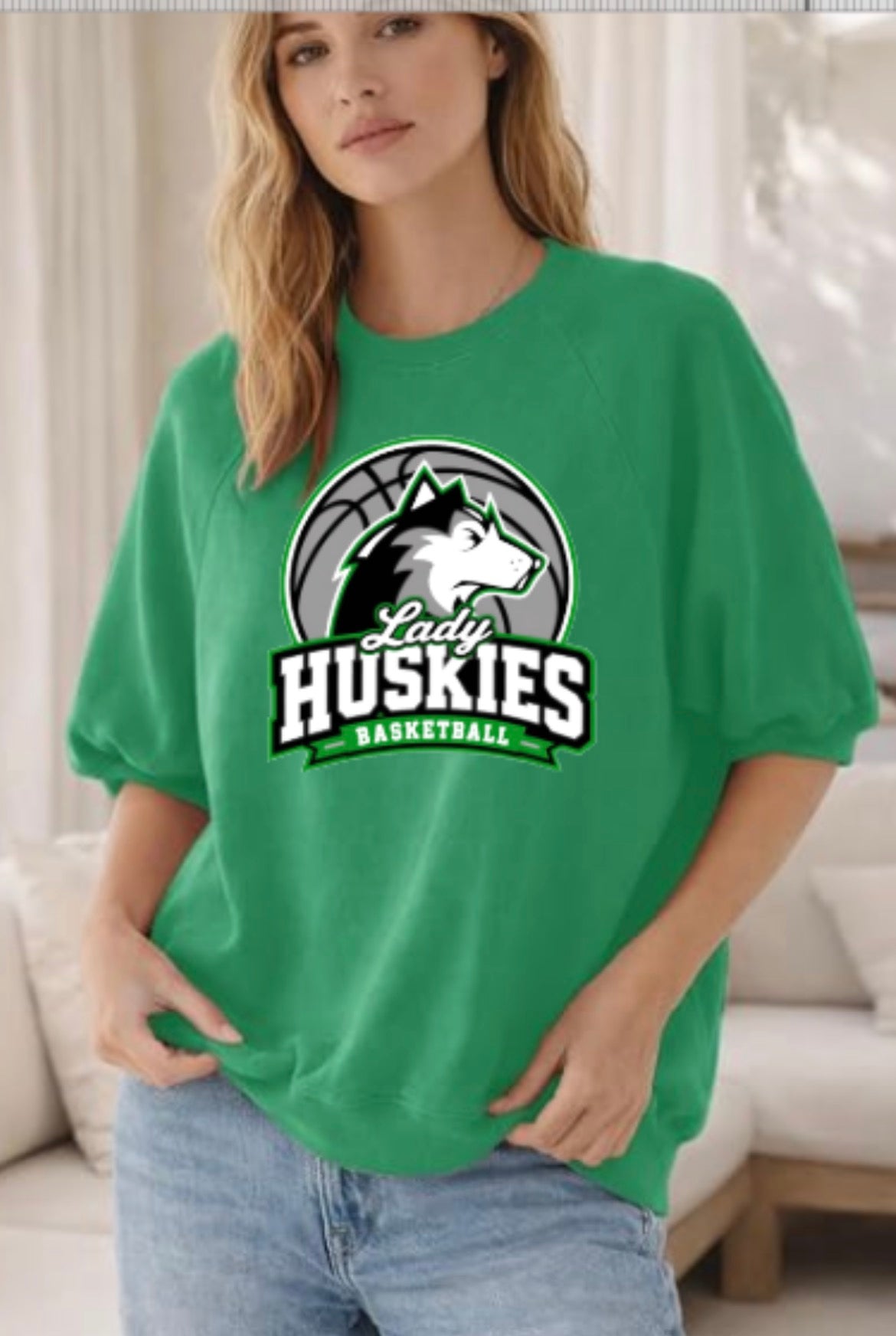 Lady Huskies Basketball Womens Oversized Short Sleeve Sweatshirt w/ Puff Sleeves