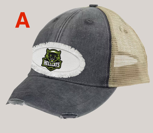 HELLCATS Distressed Trucker Hat With Patch-Charcoal/Tan